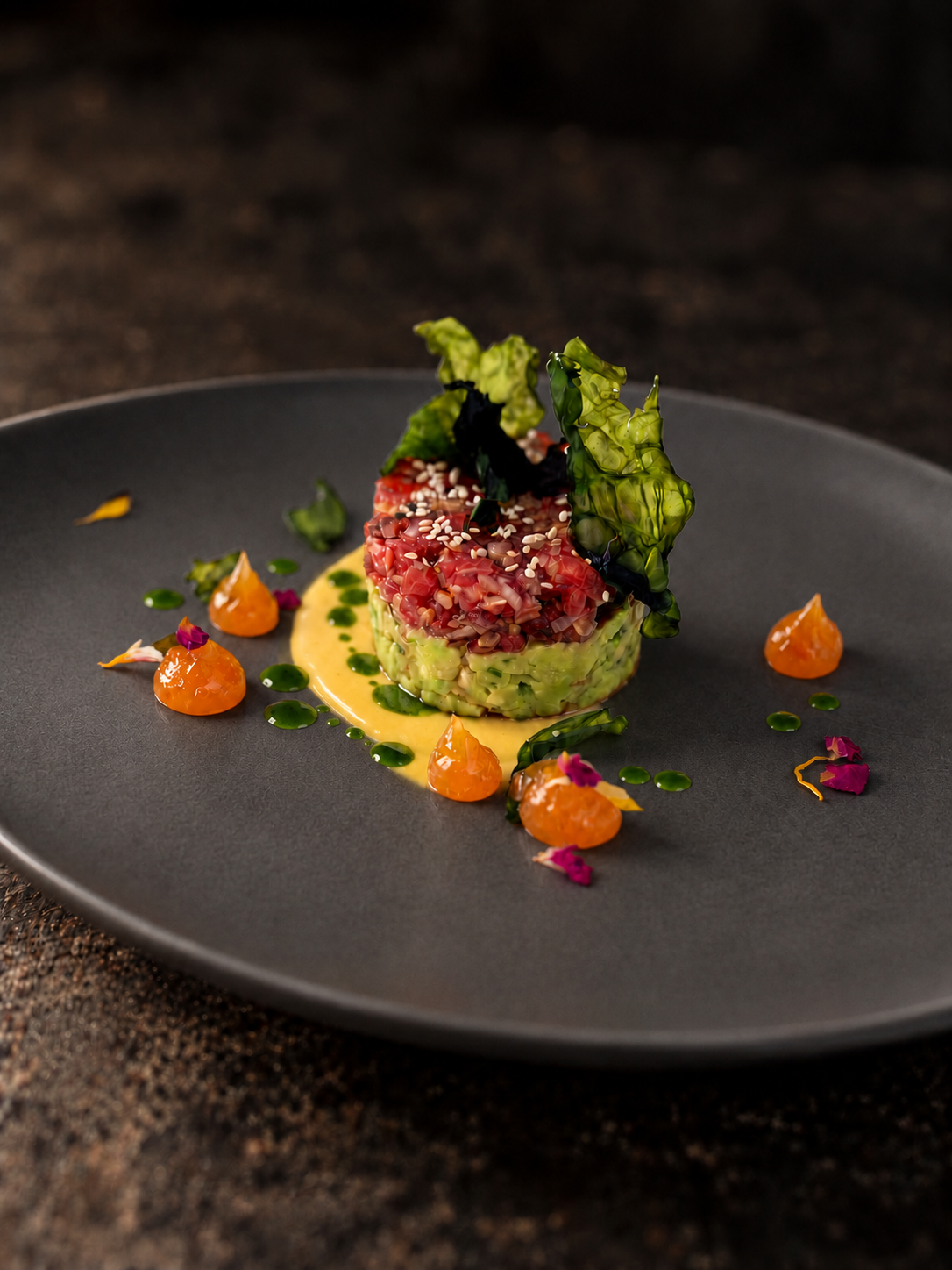 Watermelon tartare on a charcoal-grey plate